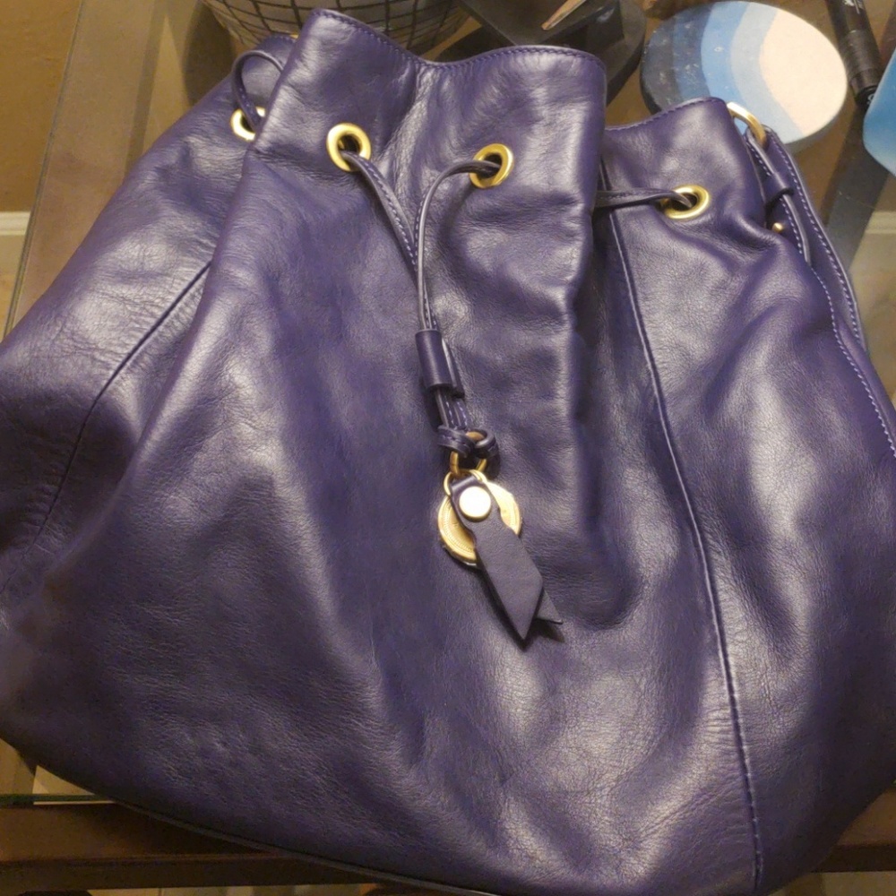 T Tahari purple leather drawstring bag gold